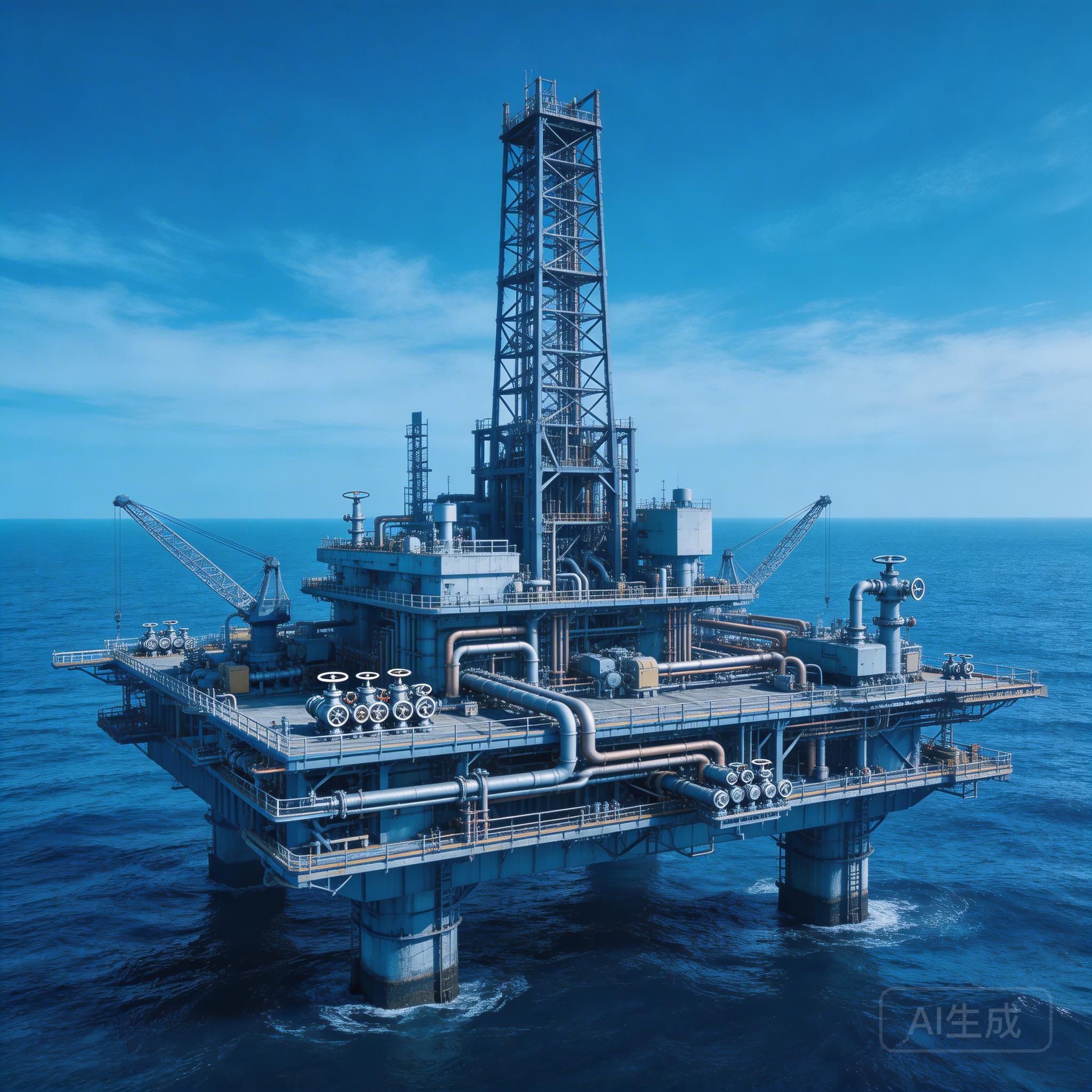 Offshore oil drilling platform with industrial pipelines